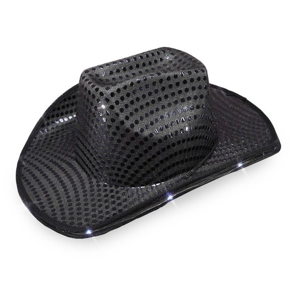 BLACK SEQUIN Light Up LED Flashing Cowboy Hat with SEQUINs‎ WHITE LEDS, Cowgirl - Picture 1 of 3